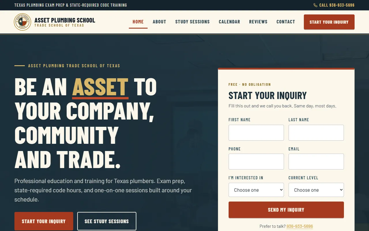 ASSET Plumbing School concept homepage
