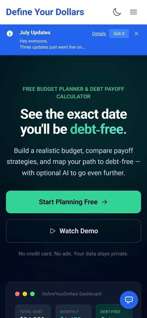 Define Your Dollars - Mobile View