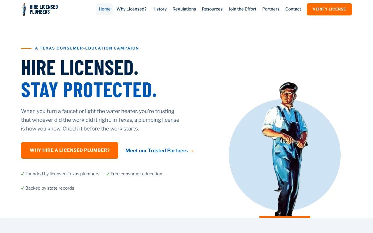 Hire Licensed Plumbers concept homepage