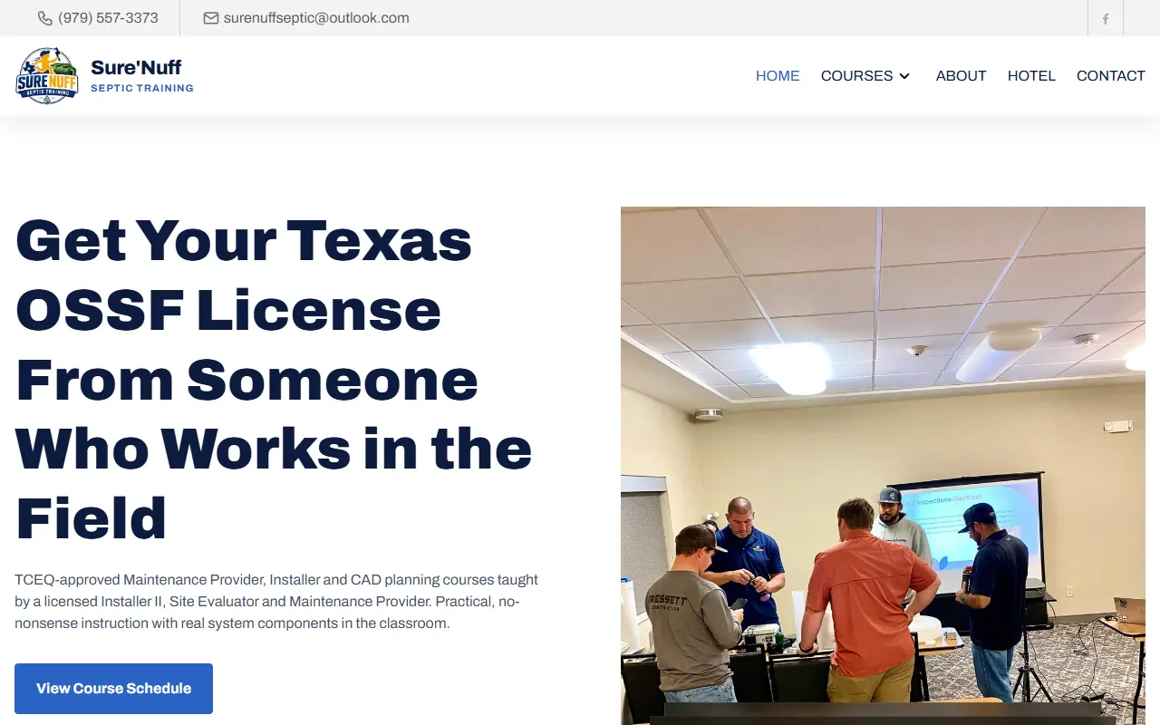 Sure’Nuff Septic Training concept homepage